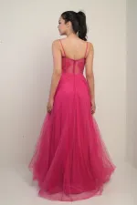 Kadın İp Askılı astarlı Göğüs Pliseli Boncuk İşlemeli Uzun Prenses Elbise