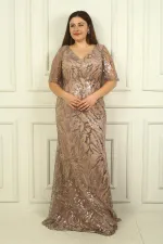 Kadın Ön Arka V Yaka Boncuk-Pul İşlemeli Astarlı Büyük Beden Elbise