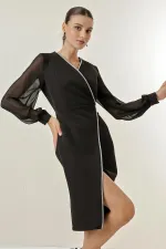 Double-Breasted Chiffon Sleeves Half-Lined Dress with Shiny Stone Detail on the Front