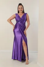 Plus Size Long Satin Dress with Draped Front and Beaded Detail, Lined