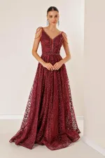 İnce Askılı Boncuk Detaylı Arkası Bağlamalı Astarlı Çiçek Sim Flok Baskılı Uzun Elbise