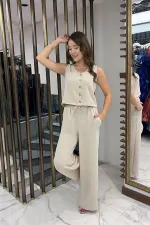 Women's V-Neck Button-Front Blouse, Elastic Waist, Pocketed Palazzo Pants Ayrobin 2-Piece Set