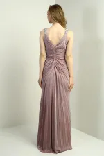 Women's Wrap Neckline Long Evening Dress with Thick Shoulder Stone Detail, Stone Embellished Front, Gathered, and Slit