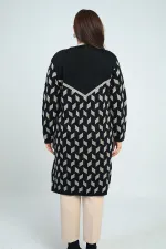 Kadın Cepli Geometrik Desen Büyük Beden Likralı Uzun Triko Hırka