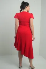 Kadın Kruvaze Yaka Önü Drapeli Astarlı Eteği Volanlı Büyük Beden Krep Elbise