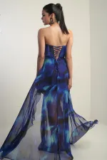 Robe longue bustier doublée en mousseline à volants et imprimé floral pour femme