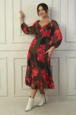 Madonna Neckline Lined Cross-Tie Floral Wrap Chiffon Dress