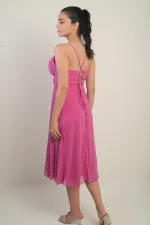 Women's Strappy Wrap Neckline Lined Lace-Up Back Flared Chiffon Dress