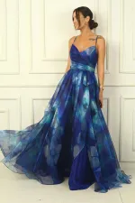 Kadın İp Askılı Arkası Bağcıklı Önü Drapeli Çiçekli Organze Uzun Elbise