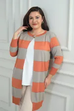 Kadın Enine Kalın Çizgili Büyük Beden Hırka