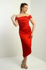 Kadın Madonna Yaka Drapeli Asimetrik Saten Kısa Elbise