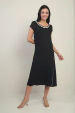 Kadın Madonna Yaka Biye Detaylı Yırtmaçlı Kristal Uzun Elbise