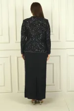 Ensemble 2 pièces pour femme, comprenant une veste en tulle ornée de sequins et de perles, une robe longue à manches demi-lune en crêpe doublée et un pantalon grande taille.