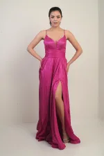 İp Askılı Astarlı Simli Uzun Abiye Elbise