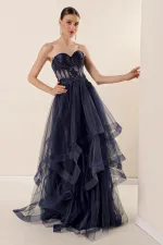 Beaded Top Transparent Layered Tulle Taffeta Long Evening Dress