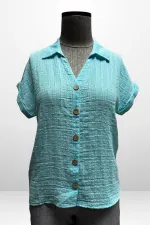 Kadın Polo Yaka Kendinden Desenli Keten Gömlek