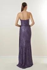 Önü Drapeli Astarlı Straplez Pulpayet Uzun Elbise