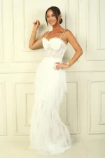 Robe bustier à bretelles perlées, doublure à franges et long tulle