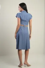 Women's Collared, Off-Shoulder, Double-Pocket, Belted Linen-Effect Dress