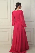 Önden Bağcıklı Balenli Astarlı Uzun Şifon Elbise