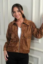 Manteau en daim pour femme avec poche et fermeture éclair sur le devant