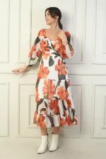 Madonna Neckline Lined Cross-Tie Floral Wrap Chiffon Dress