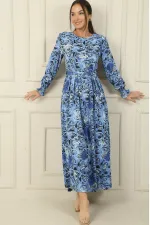 Beli Kuşaklı Gül Desenli Kol Uçları Büzgülü Gofre Uzun Elbise