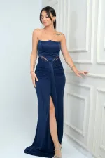 Kadın Straplez Önü Büzgülü Astarlı Simli Uzun Elbise