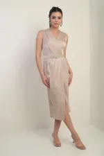 Women's Wrap Neckline Front Pleated Belted Crepe Satin Dress