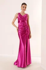 Draped, Flounced Front, Lined, Wide-Size, Long Satin Dress