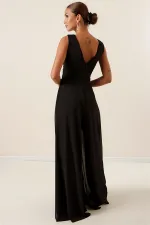 Waist-detailed, front and back V-neck, lined chiffon jumpsuit.