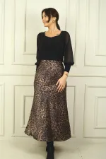 Jupe longue en satin imprimé léopard à taille élastique pour femme
