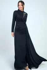 Taş İşlemeli Önü Büzgülü Astarlı Krep Saten Tesettür Elbise
