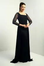 Robe de soirée longue en crêpe satin pour femme, col carré, doublée, manches perlées, corps large