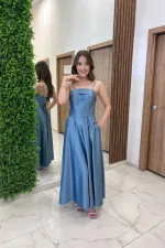 Kadın İnce Askılı Astarlı Cepli Midi Saten Elbise