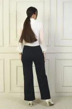 Women's Wide-Leg Steel Trousers with Elastic Waist, Side Pockets, and Trim