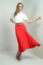 Women's Long, Loose Skirt with Belted Waist, Back Zipper, and Front Slit