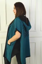 Women's Plus Size Hooded Poncho with Side Button Detail and Patterned Back