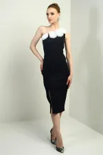 Women's One-Shoulder Crepe Midi Dress with Floral Detail and Front Slit