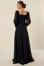Square Neck Belted Lined Chiffon Long Evening Dress