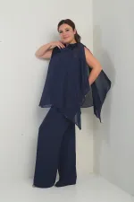 Cape en satin à col et doublure à sequins pour femme, chemisier sans manches, pantalon palazzo, ensemble 3 pièces en mousseline doublée grande taille