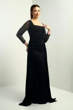 Robe de soirée longue en crêpe satin pour femme, col carré, doublée, manches perlées, corps large