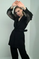 Women's Sleeveless Organza Sequin Belted Lined Jacket