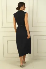 Women's Wrap Neck, Lined, Button-Front Crepe Dress with Stone Embellishments and Belt