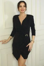 Kadın Kruvaze Yaka Astarlı Boncuklu Likralı Kısa Elbise