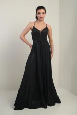 İp Askılı Astarlı Simli Uzun Abiye Elbise