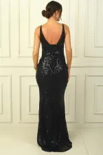 Women's Strappy Beaded and Sequined Shawl Patterned Lined Wide-Sized Long Fishtail Dress