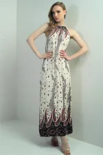 Women's Halter Neck Tie-Up Floral Print Long Dress with Pockets