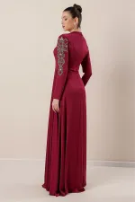 Taş İşlemeli Önü Büzgülü Astarlı Krep Saten Tesettür Elbise