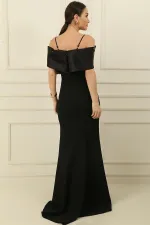 İp Askılı Balenli Yakası Garnili Taşlı Astarlı İthal Krep Full Telalı Uzun Elbise